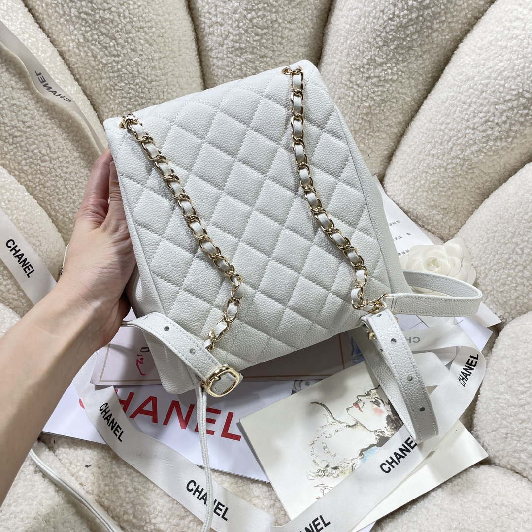 Chanel AS3860 Backpack Grained Shiny Calfskin & Gold-Tone Metal White