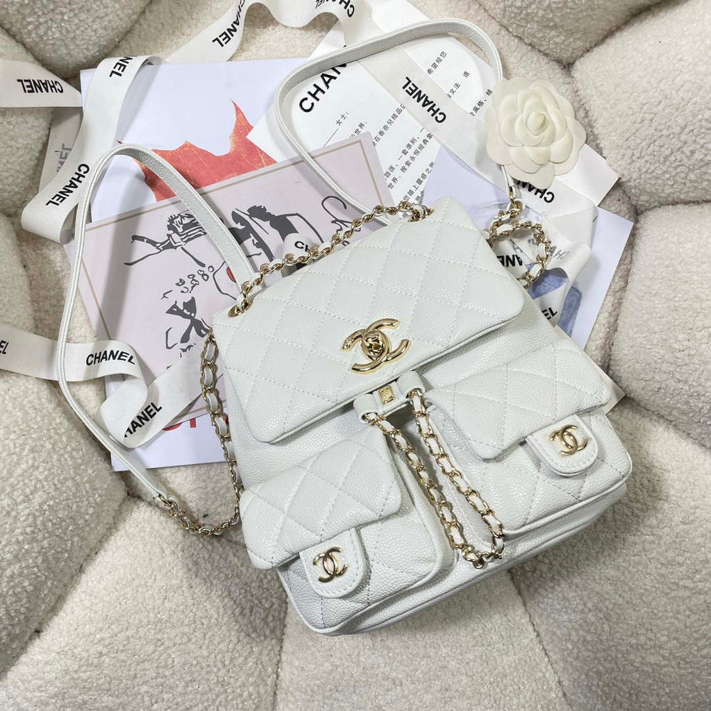 Chanel AS3860 Backpack Grained Shiny Calfskin & Gold-Tone Metal White