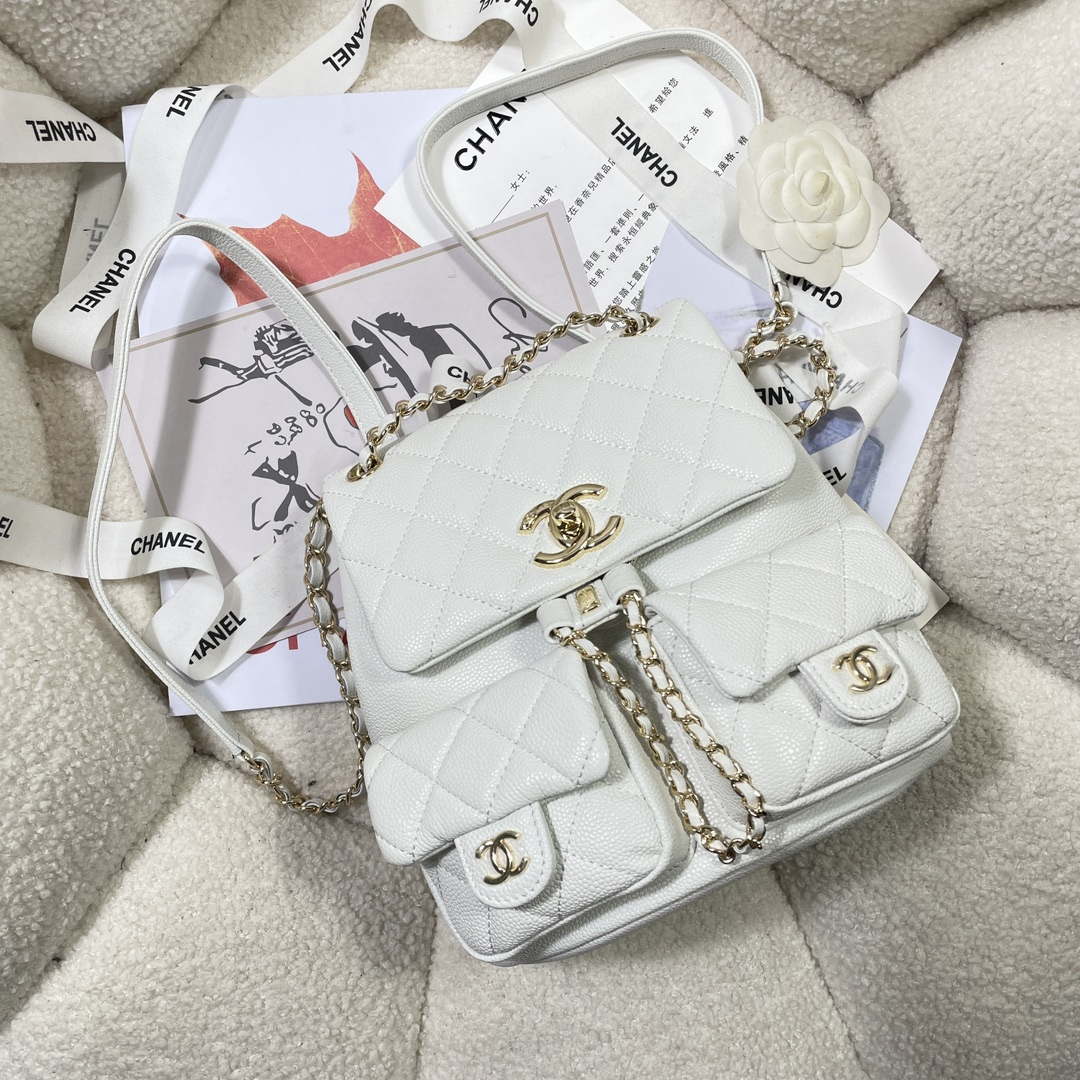 Chanel AS3860 Backpack Grained Shiny Calfskin & Gold-Tone Metal White - Default Title - View 4