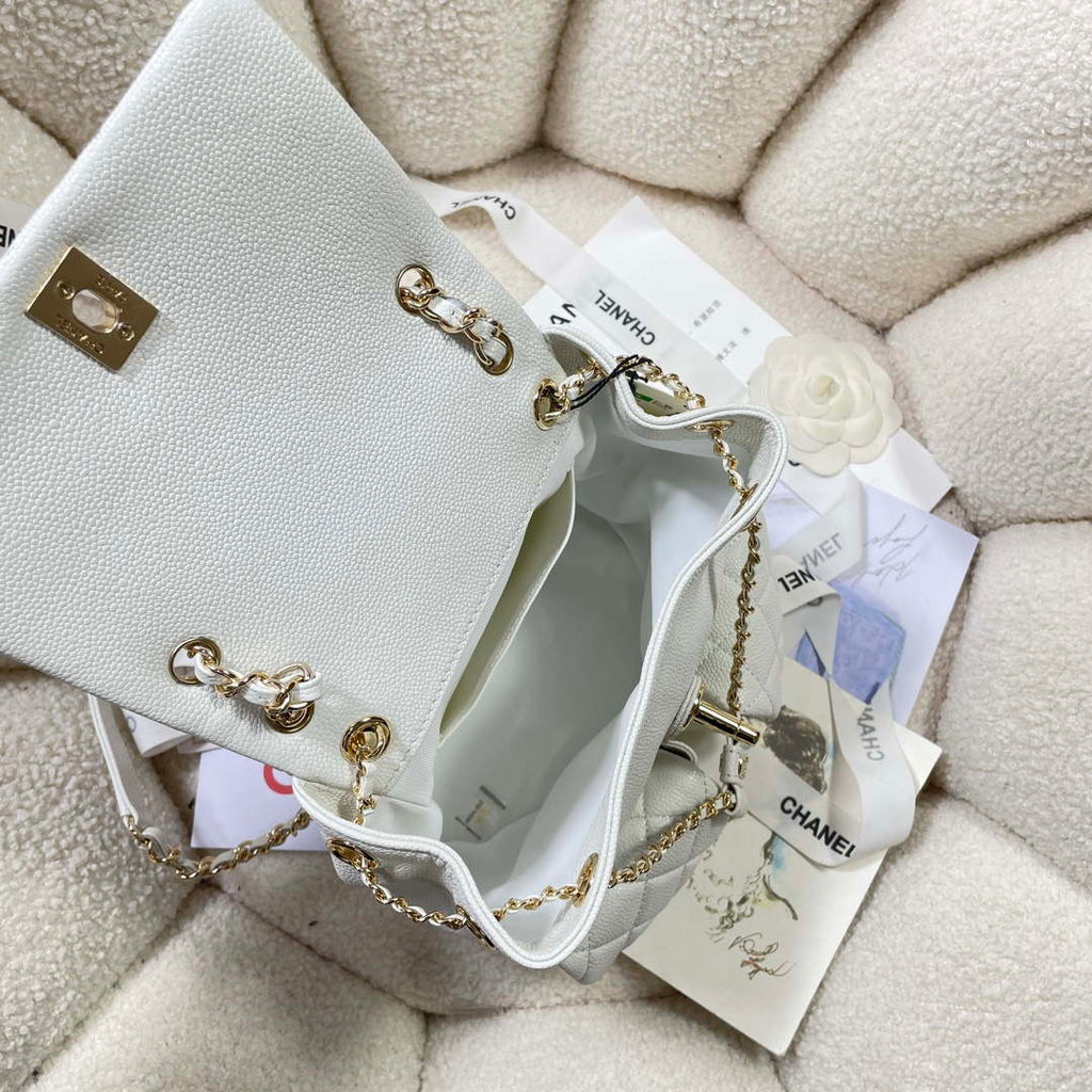 Chanel AS3860 Backpack Grained Shiny Calfskin & Gold-Tone Metal White