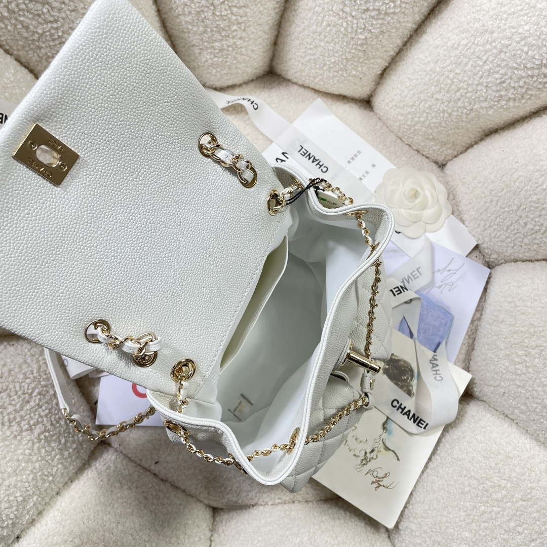 Chanel AS3860 Backpack Grained Shiny Calfskin & Gold-Tone Metal White