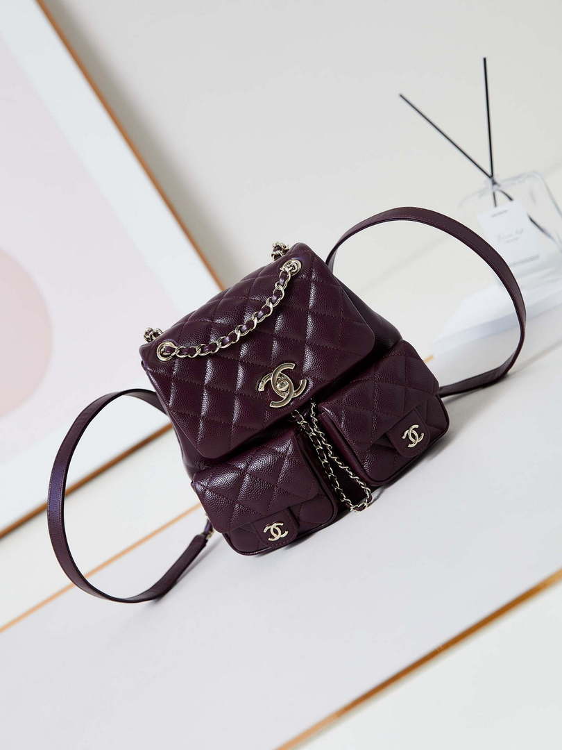 Chanel AS3860 Backpack Grained Shiny Calfskin Gold Wine Red