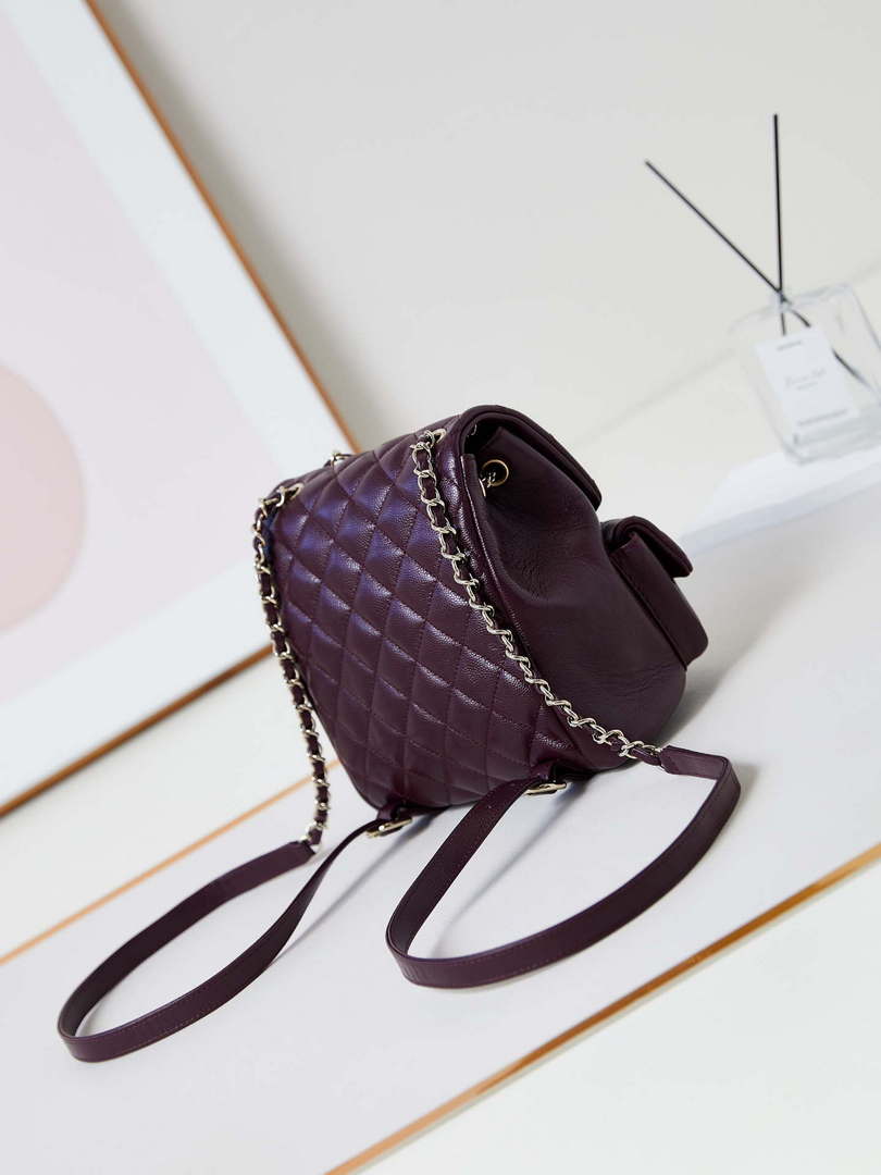 Chanel AS3860 Backpack Grained Shiny Calfskin Gold Wine Red