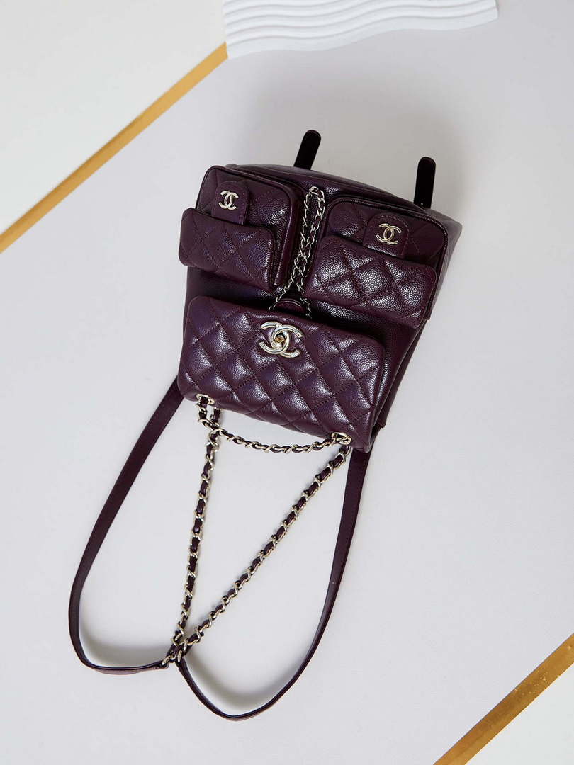 Chanel AS3860 Backpack Grained Shiny Calfskin Gold Wine Red