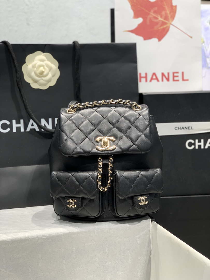 Chanel AS3860 Backpack Shiny Lambskin Gold Black - Default Title - View 1