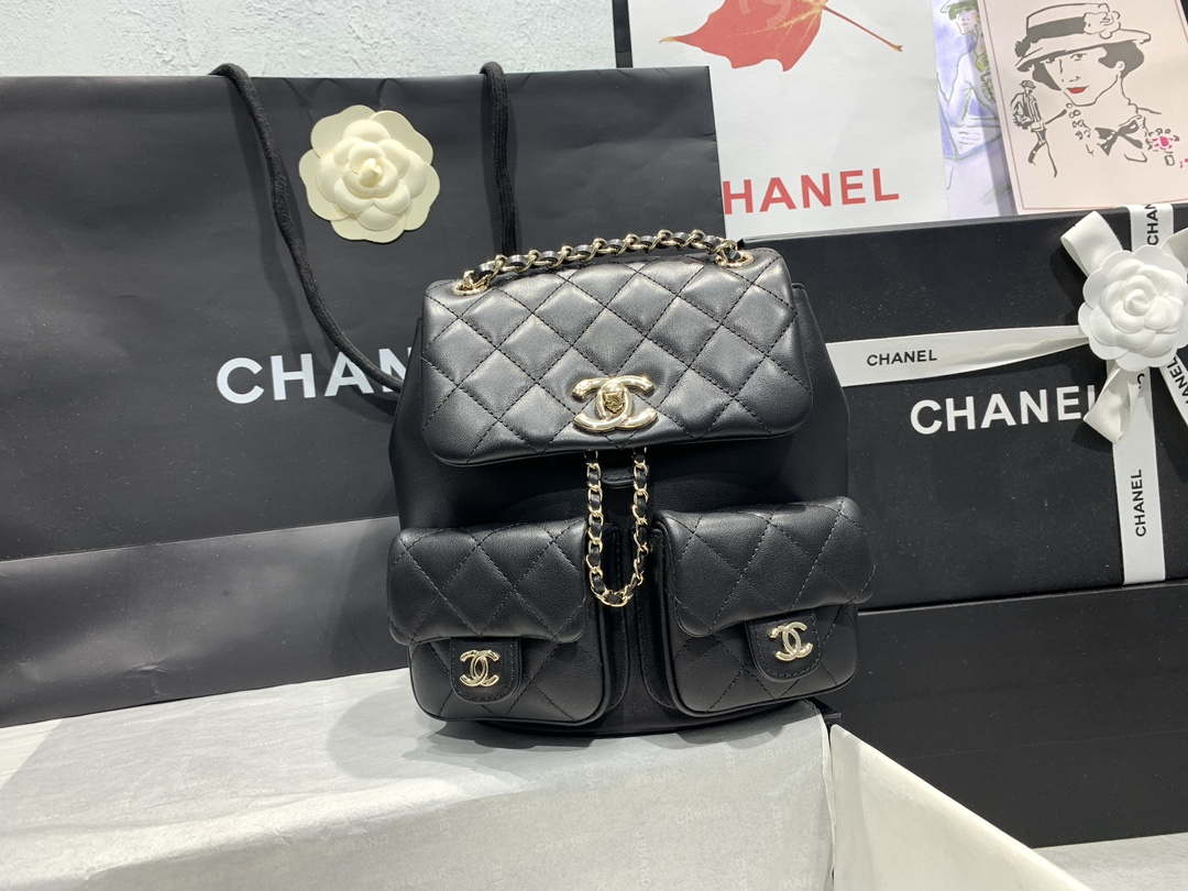 Chanel AS3860 Backpack Shiny Lambskin Gold Black - Default Title - View 2