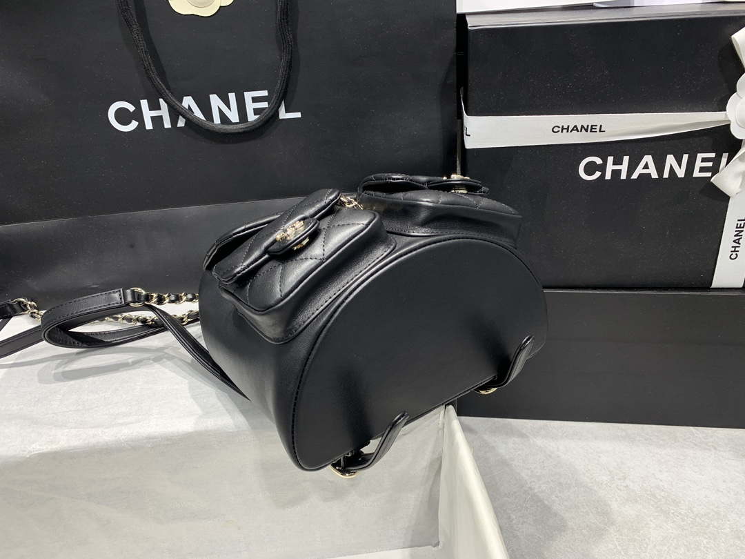 Chanel AS3860 Backpack Shiny Lambskin Gold Black