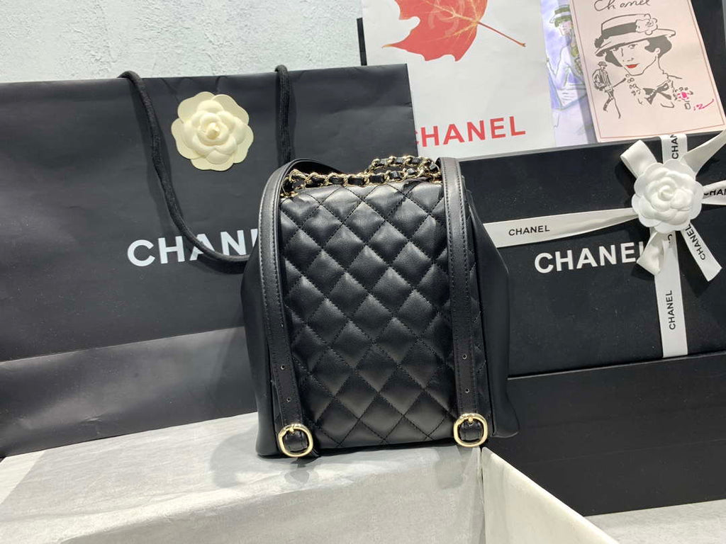 Chanel AS3860 Backpack Shiny Lambskin Gold Black