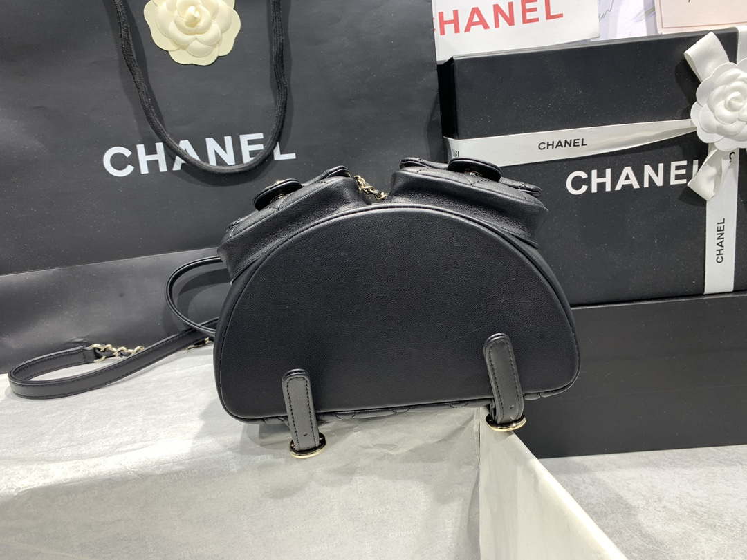Chanel AS3860 Backpack Shiny Lambskin Gold Black