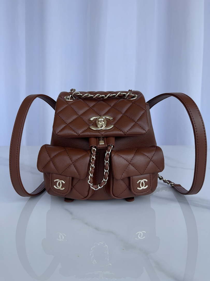 Chanel AS3860 Backpack Shiny Lambskin Gold Brown