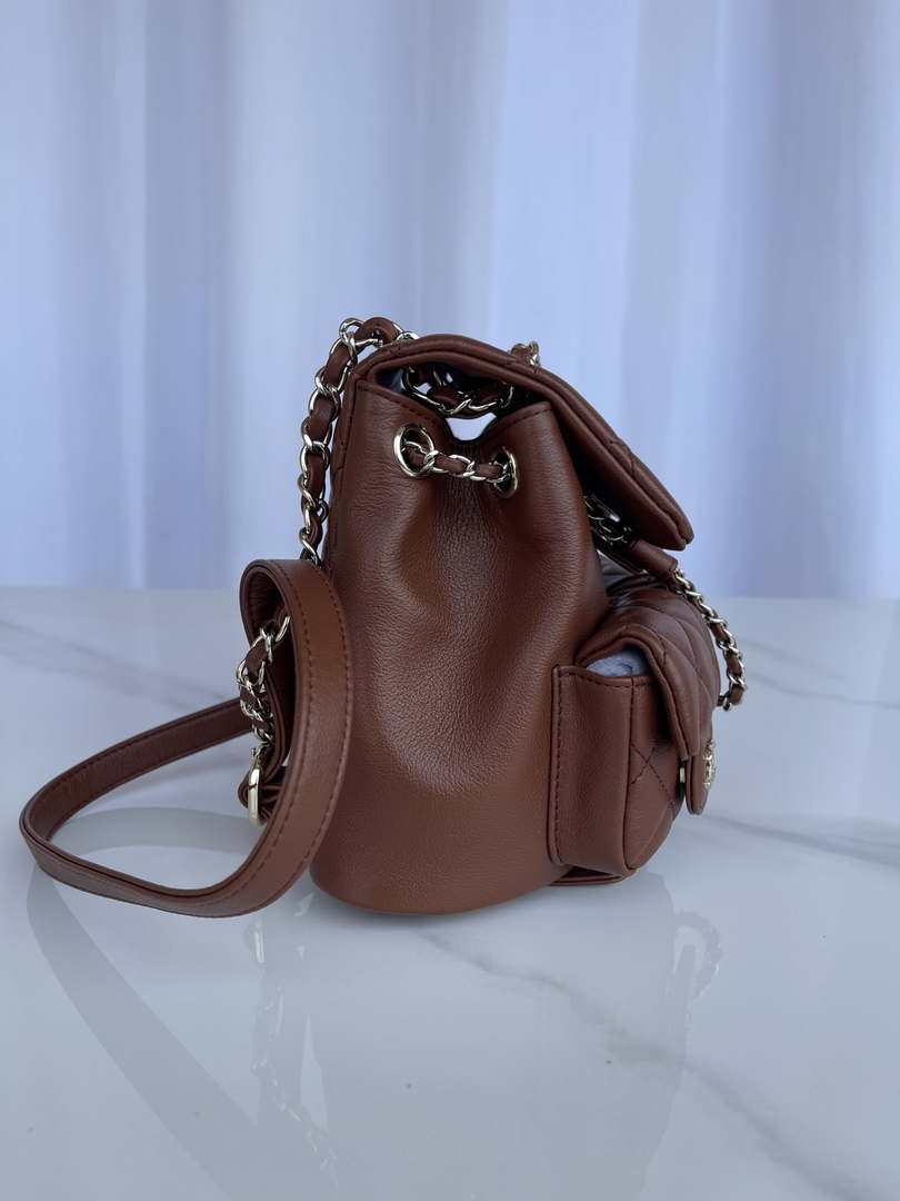 Chanel AS3860 Backpack Shiny Lambskin Gold Brown