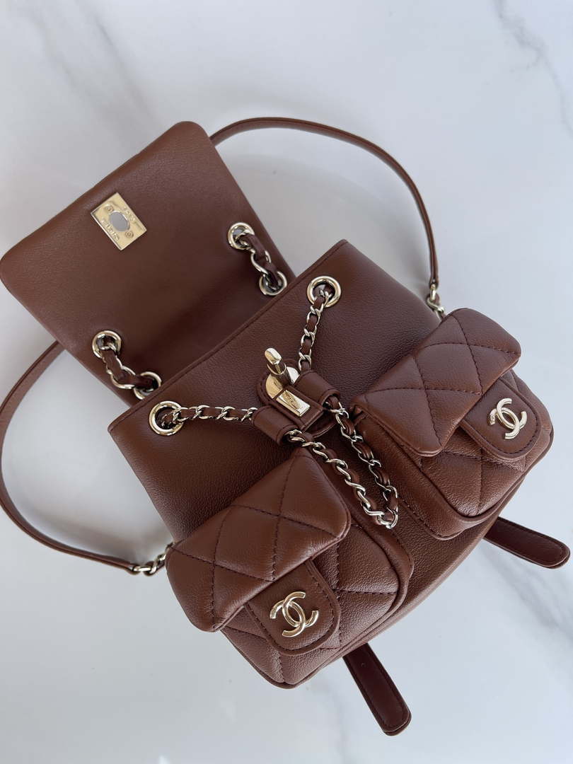 Chanel AS3860 Backpack Shiny Lambskin Gold Brown