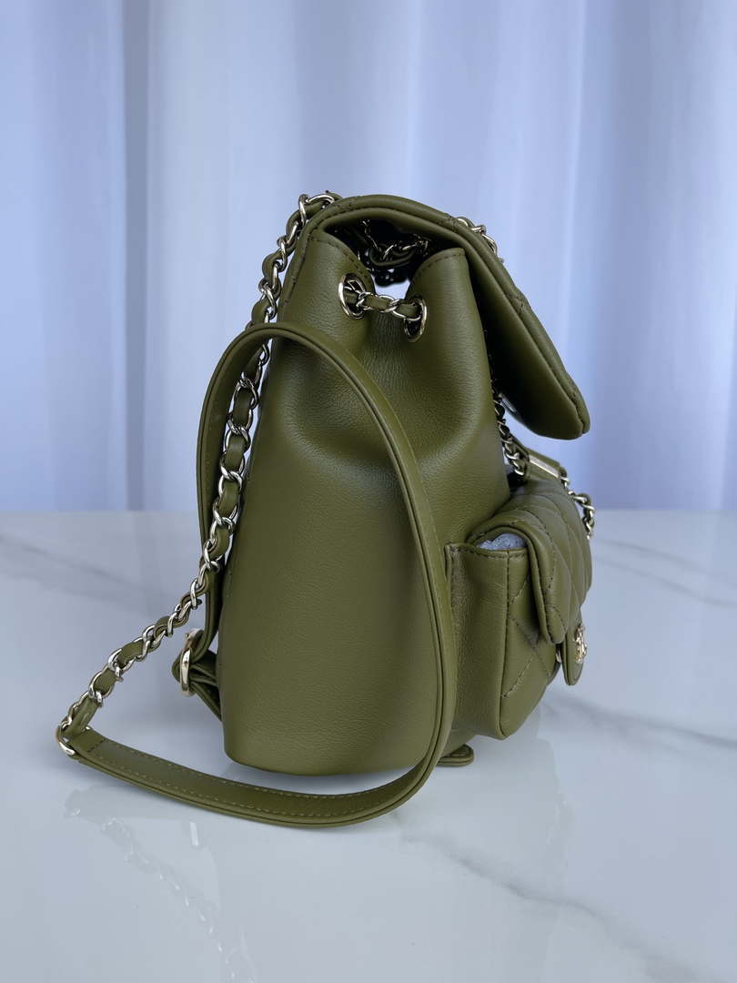Chanel AS3860 Backpack Shiny Lambskin Gold Dark Green