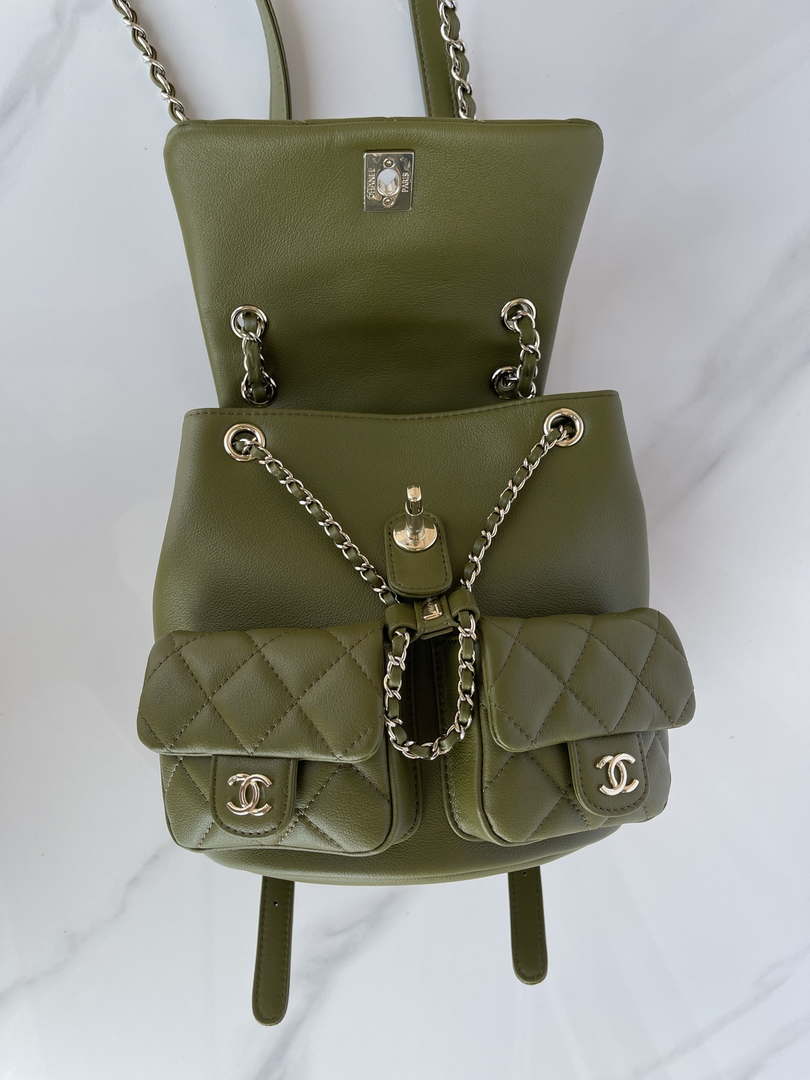 Chanel AS3860 Backpack Shiny Lambskin Gold Dark Green