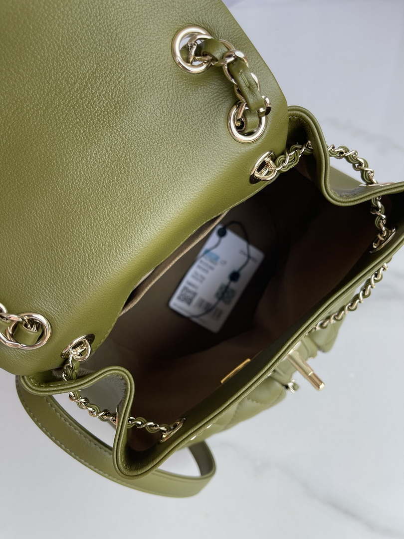 Chanel AS3860 Backpack Shiny Lambskin Gold Dark Green