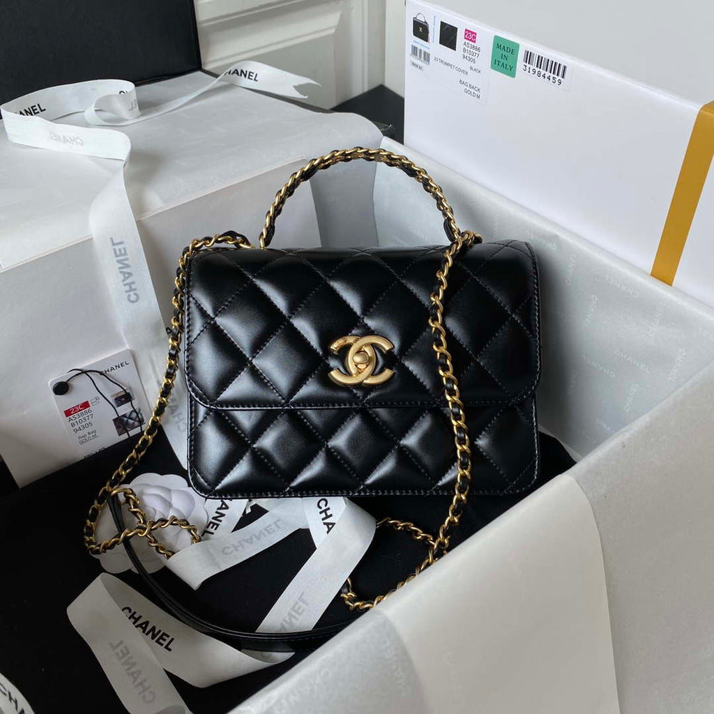 Chanel AS3886 Mini Flap Bag With Top Handle Shiny Calfskin Black Gold