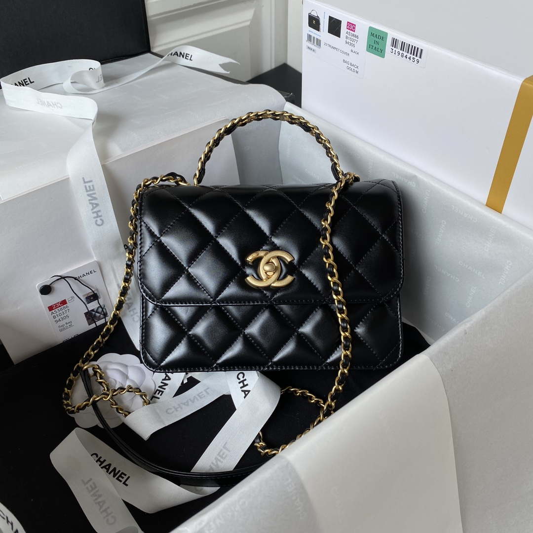 Chanel AS3886 Mini Flap Bag With Top Handle Shiny Calfskin Black Gold - Default Title - View 1