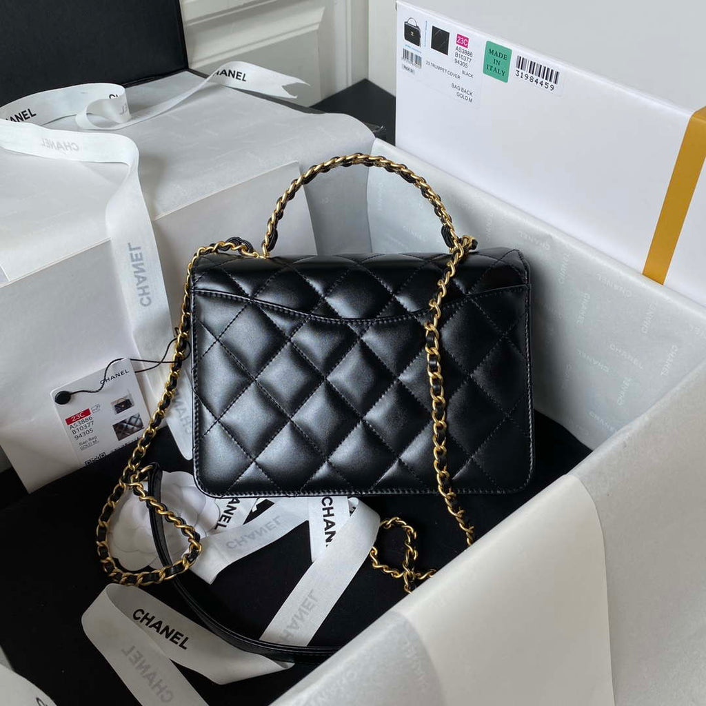 Chanel AS3886 Mini Flap Bag With Top Handle Shiny Calfskin Black Gold