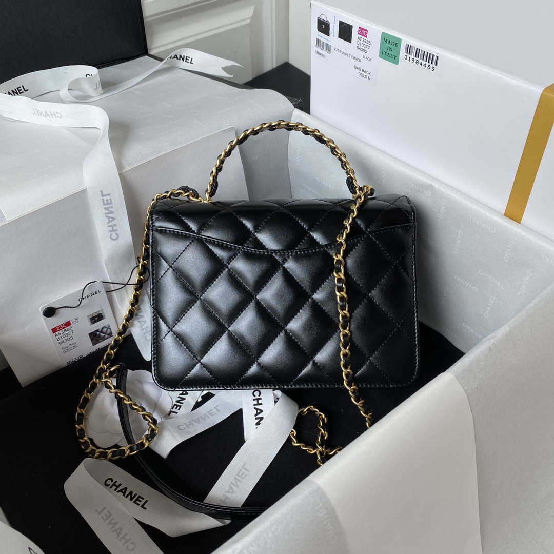 Chanel AS3886 Mini Flap Bag With Top Handle Shiny Calfskin Black Gold