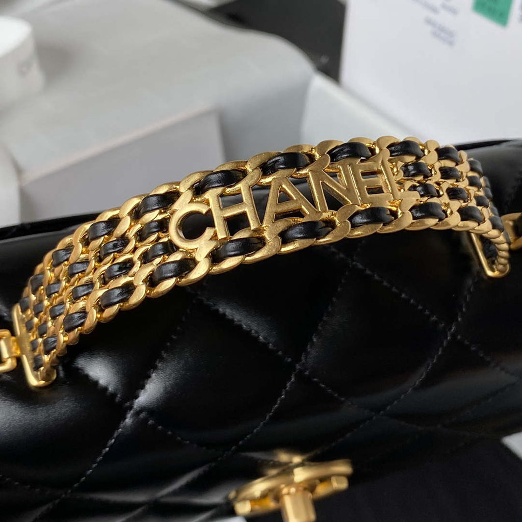 Chanel AS3886 Mini Flap Bag With Top Handle Shiny Calfskin Black Gold