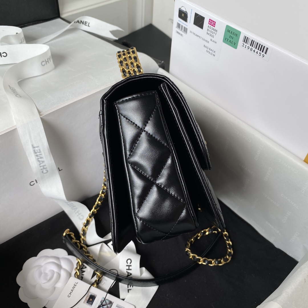 Chanel AS3886 Mini Flap Bag With Top Handle Shiny Calfskin Black Gold