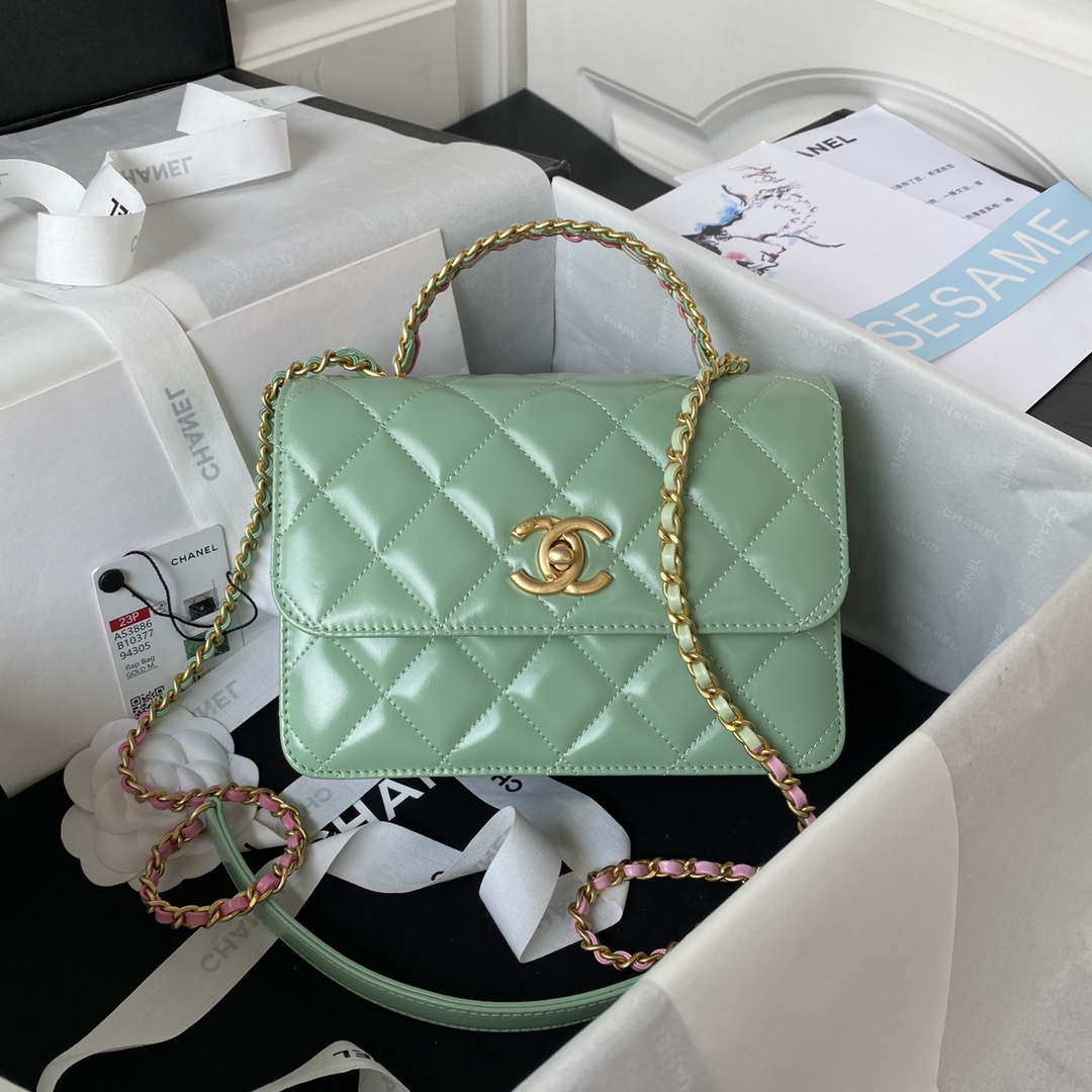 Chanel AS3886 Mini Flap Bag With Top Handle Shiny Calfskin Green Gold - Default Title - View 1