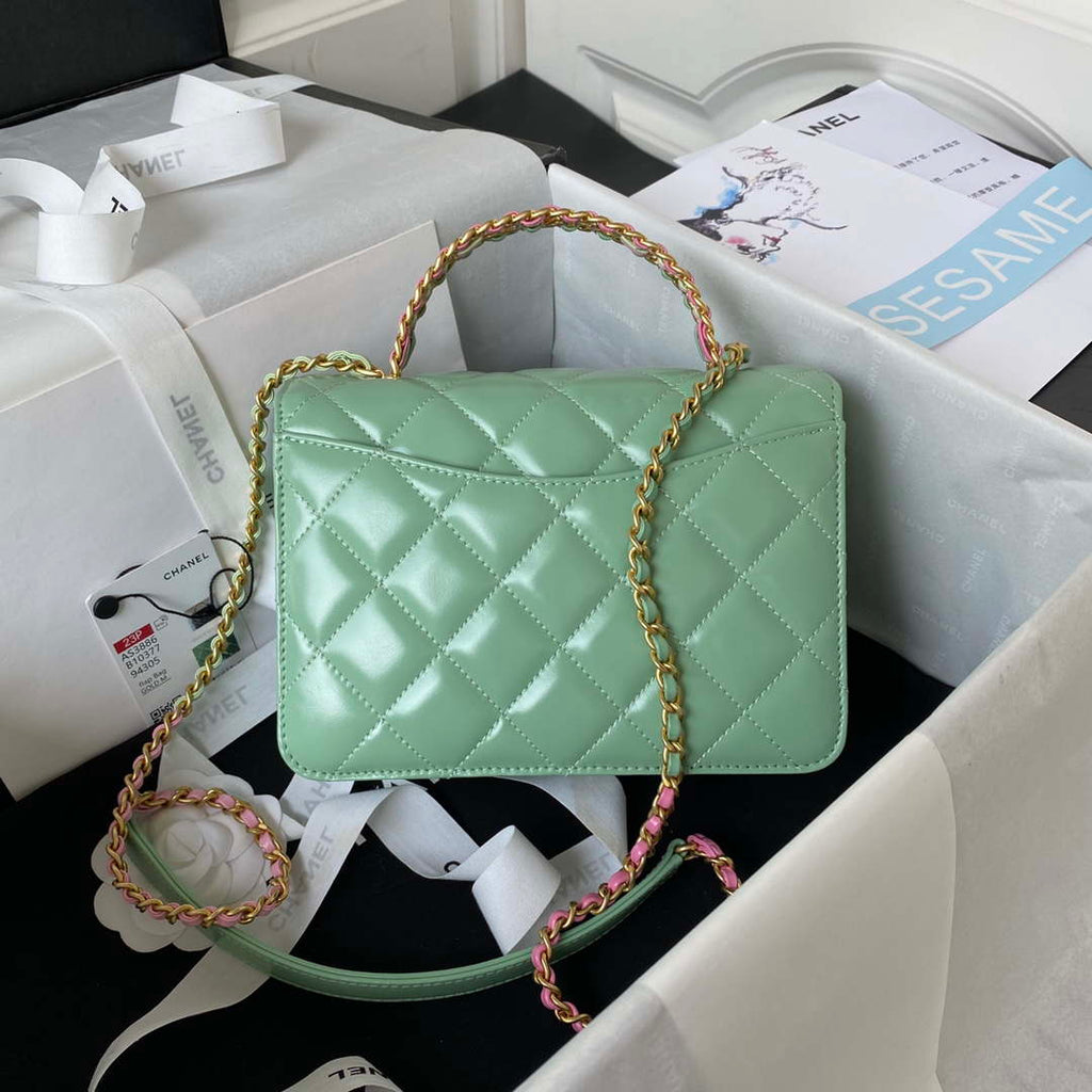 Chanel AS3886 Mini Flap Bag With Top Handle Shiny Calfskin Green Gold
