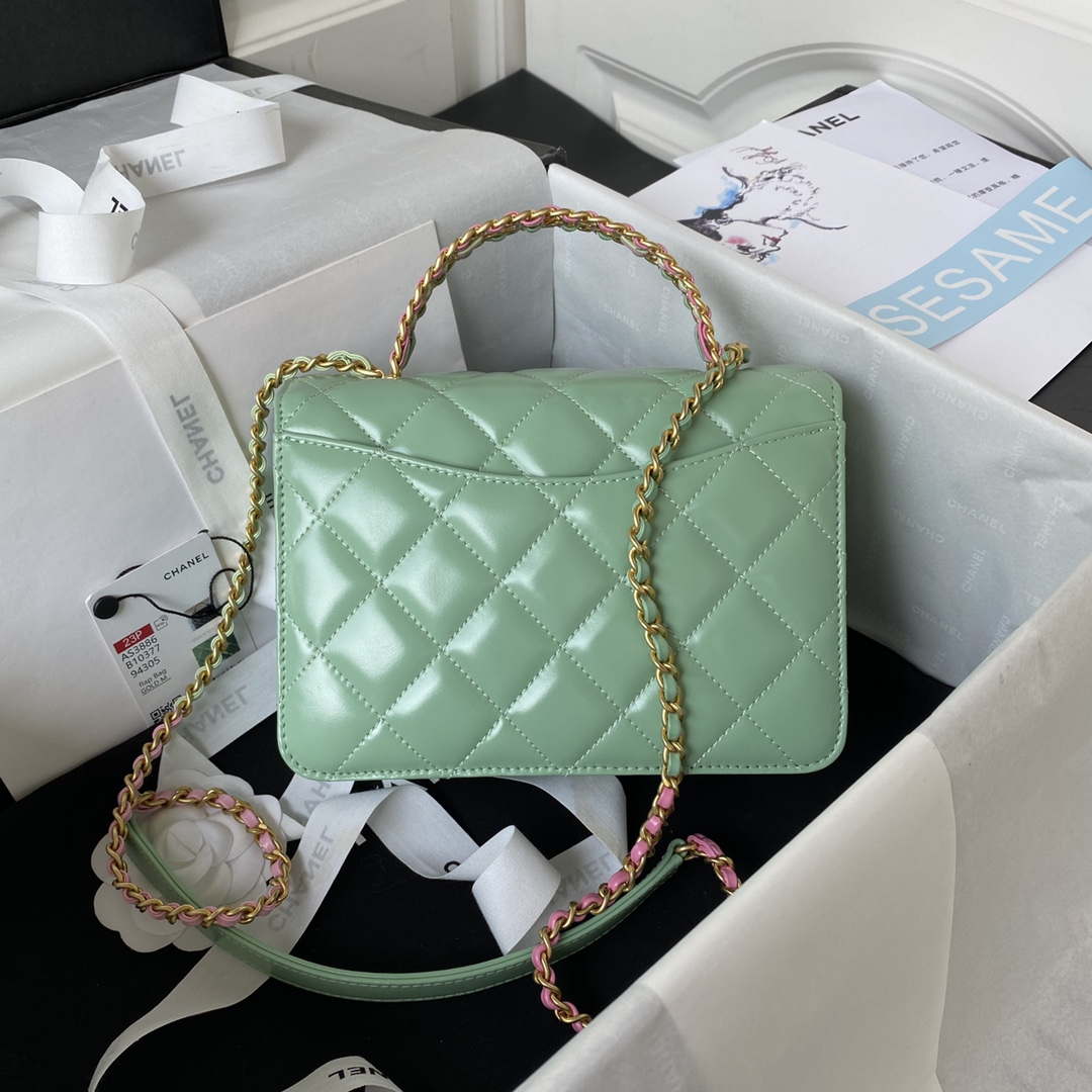 Chanel AS3886 Mini Flap Bag With Top Handle Shiny Calfskin Green Gold - Default Title - View 2