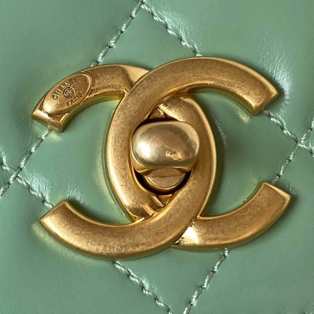 Chanel AS3886 Mini Flap Bag With Top Handle Shiny Calfskin Green Gold