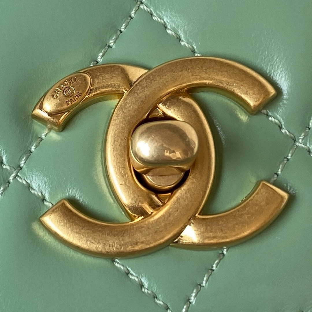 Chanel AS3886 Mini Flap Bag With Top Handle Shiny Calfskin Green Gold