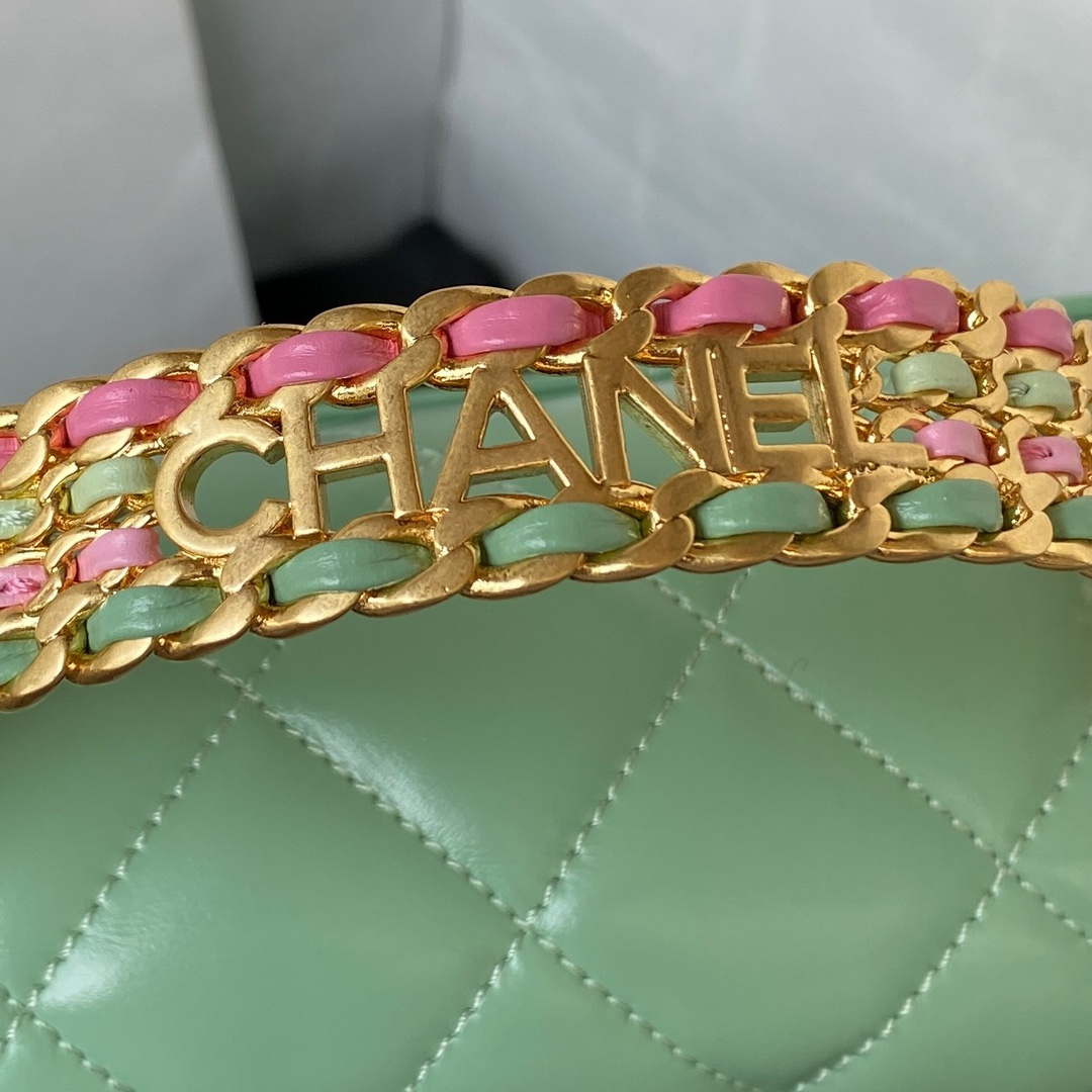 Chanel AS3886 Mini Flap Bag With Top Handle Shiny Calfskin Green Gold