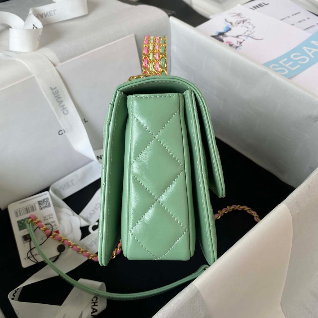 Chanel AS3886 Mini Flap Bag With Top Handle Shiny Calfskin Green Gold
