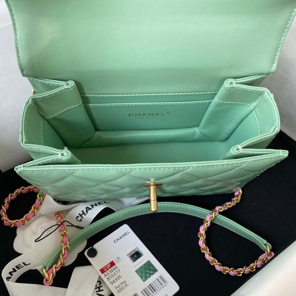 Chanel AS3886 Mini Flap Bag With Top Handle Shiny Calfskin Green Gold
