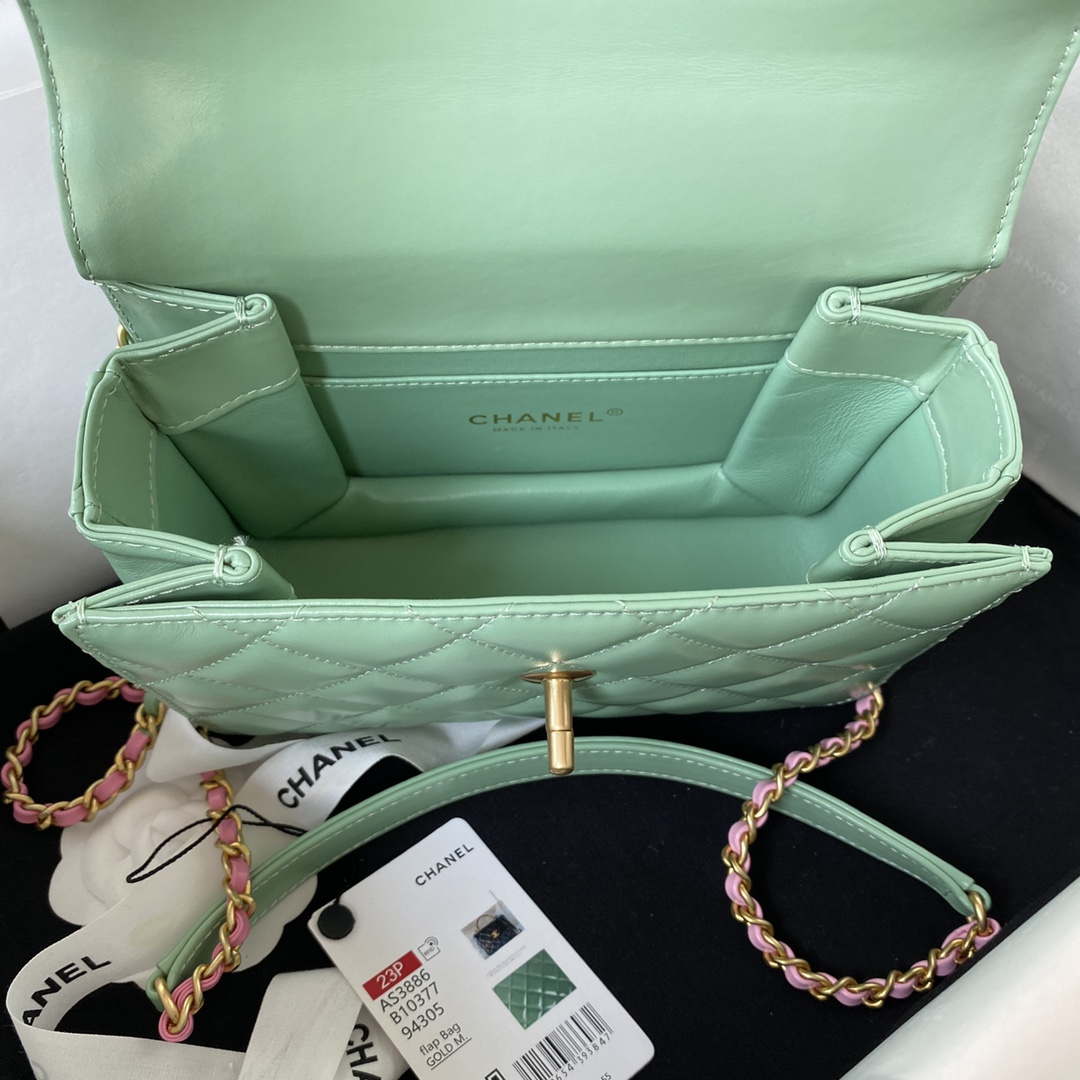 Chanel AS3886 Mini Flap Bag With Top Handle Shiny Calfskin Green Gold
