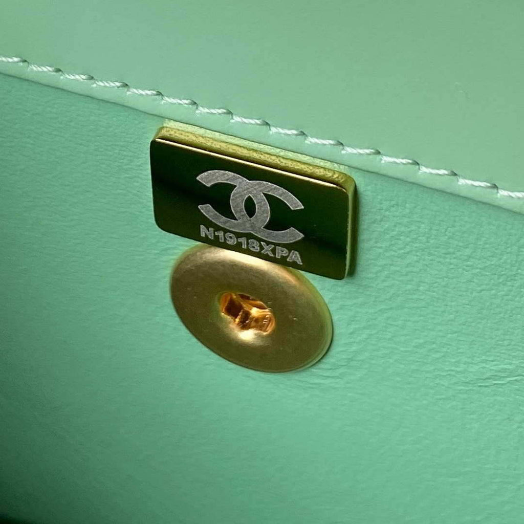Chanel AS3886 Mini Flap Bag With Top Handle Shiny Calfskin Green Gold