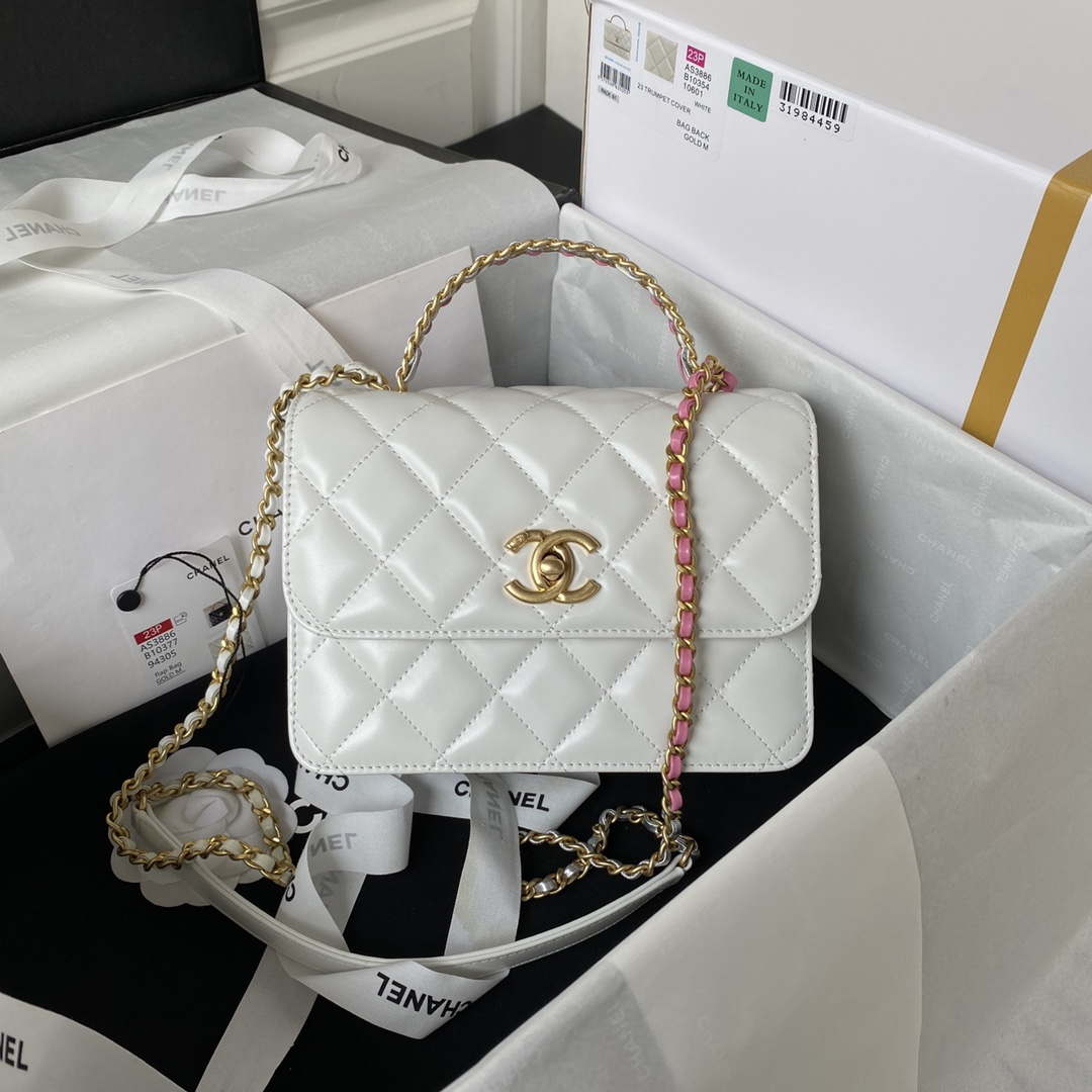 Chanel AS3886 Mini Flap Bag With Top Handle Shiny Calfskin White Gold - Default Title - View 1