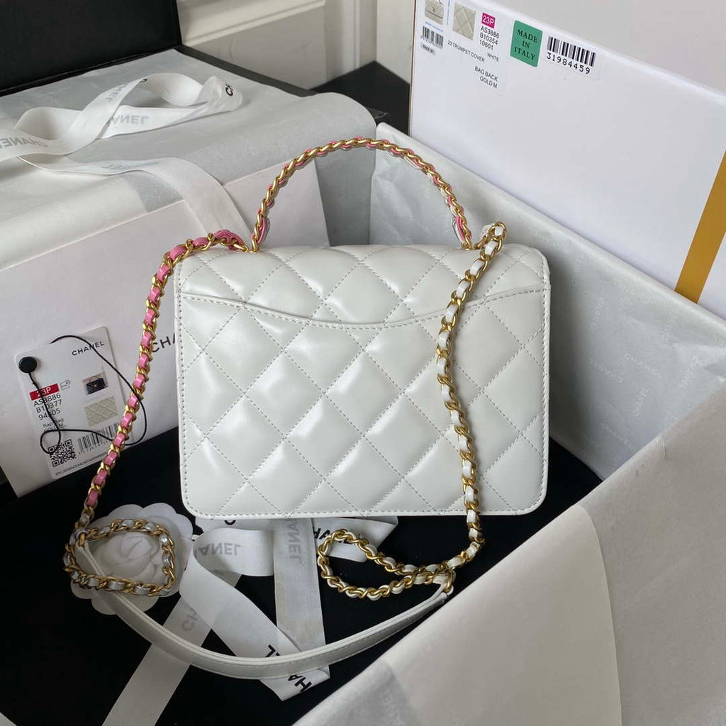 Chanel AS3886 Mini Flap Bag With Top Handle Shiny Calfskin White Gold