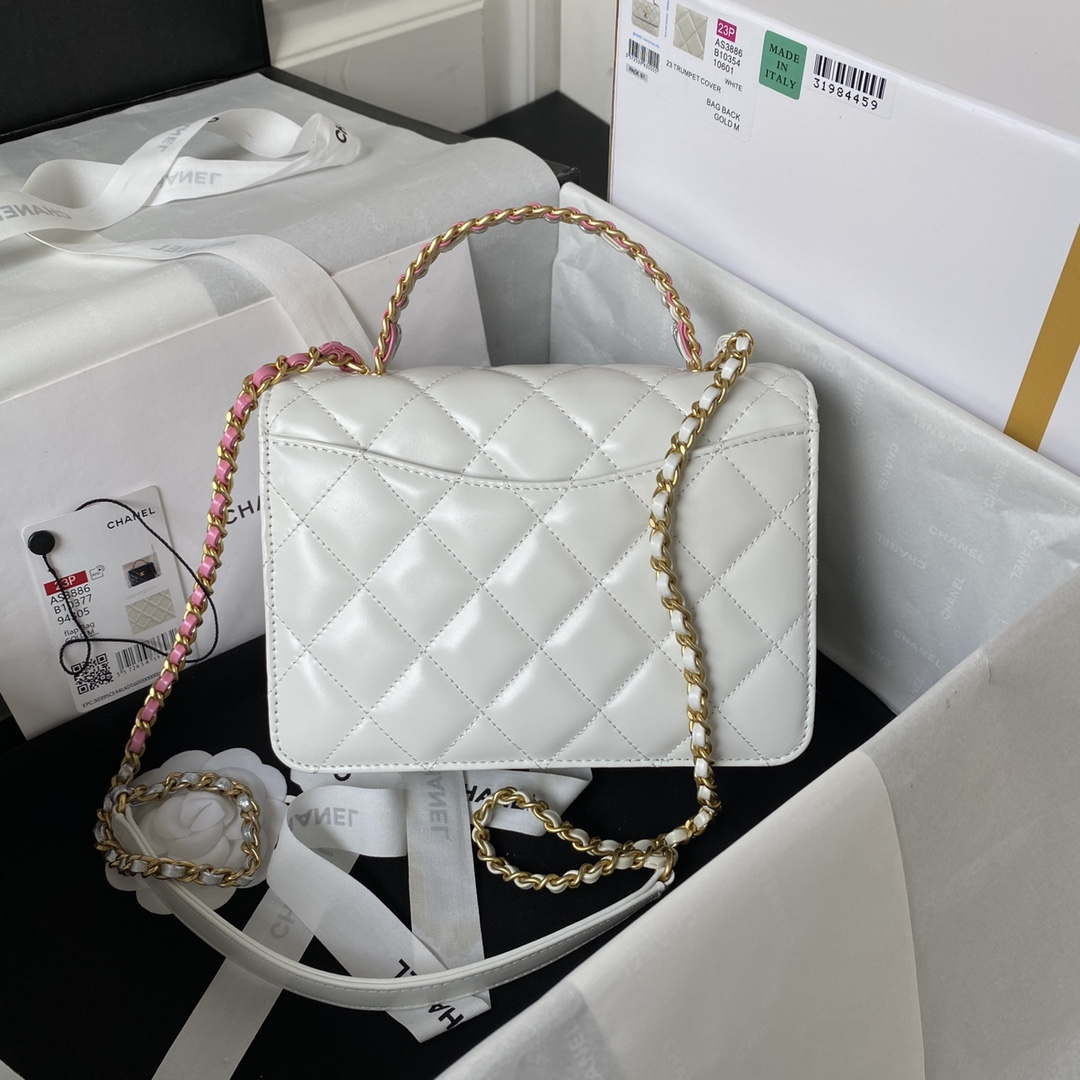 Chanel AS3886 Mini Flap Bag With Top Handle Shiny Calfskin White Gold