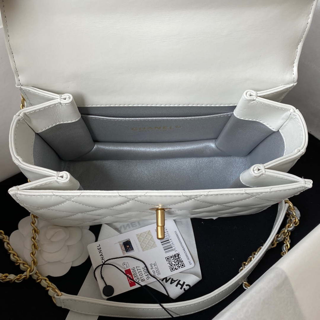 Chanel AS3886 Mini Flap Bag With Top Handle Shiny Calfskin White Gold