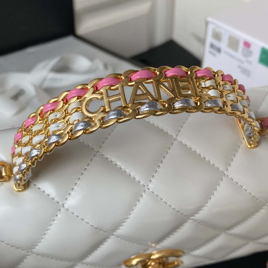 Chanel AS3886 Mini Flap Bag With Top Handle Shiny Calfskin White Gold