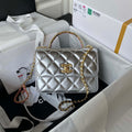 Chanel AS3886 Mini Flap Bag With Top Handle Shiny Silver Calfskin Gold - Default Title - View 1