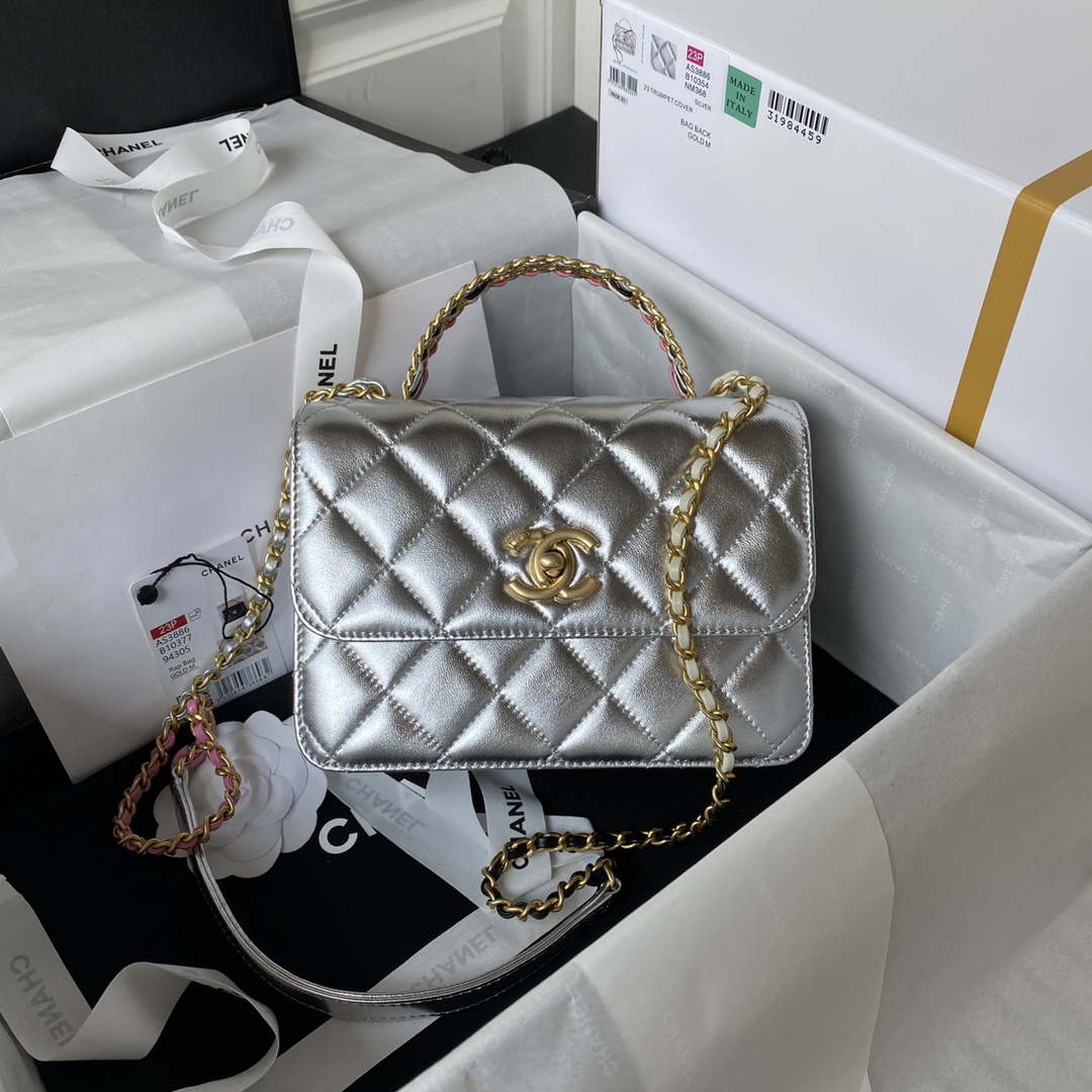 Chanel AS3886 Mini Flap Bag With Top Handle Shiny Silver Calfskin Gold - Default Title - View 1