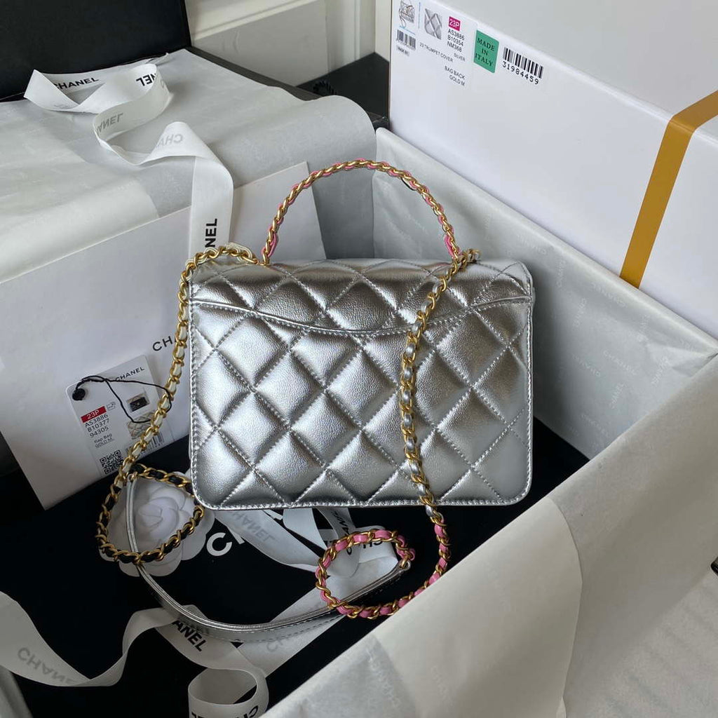 Chanel AS3886 Mini Flap Bag With Top Handle Shiny Silver Calfskin Gold