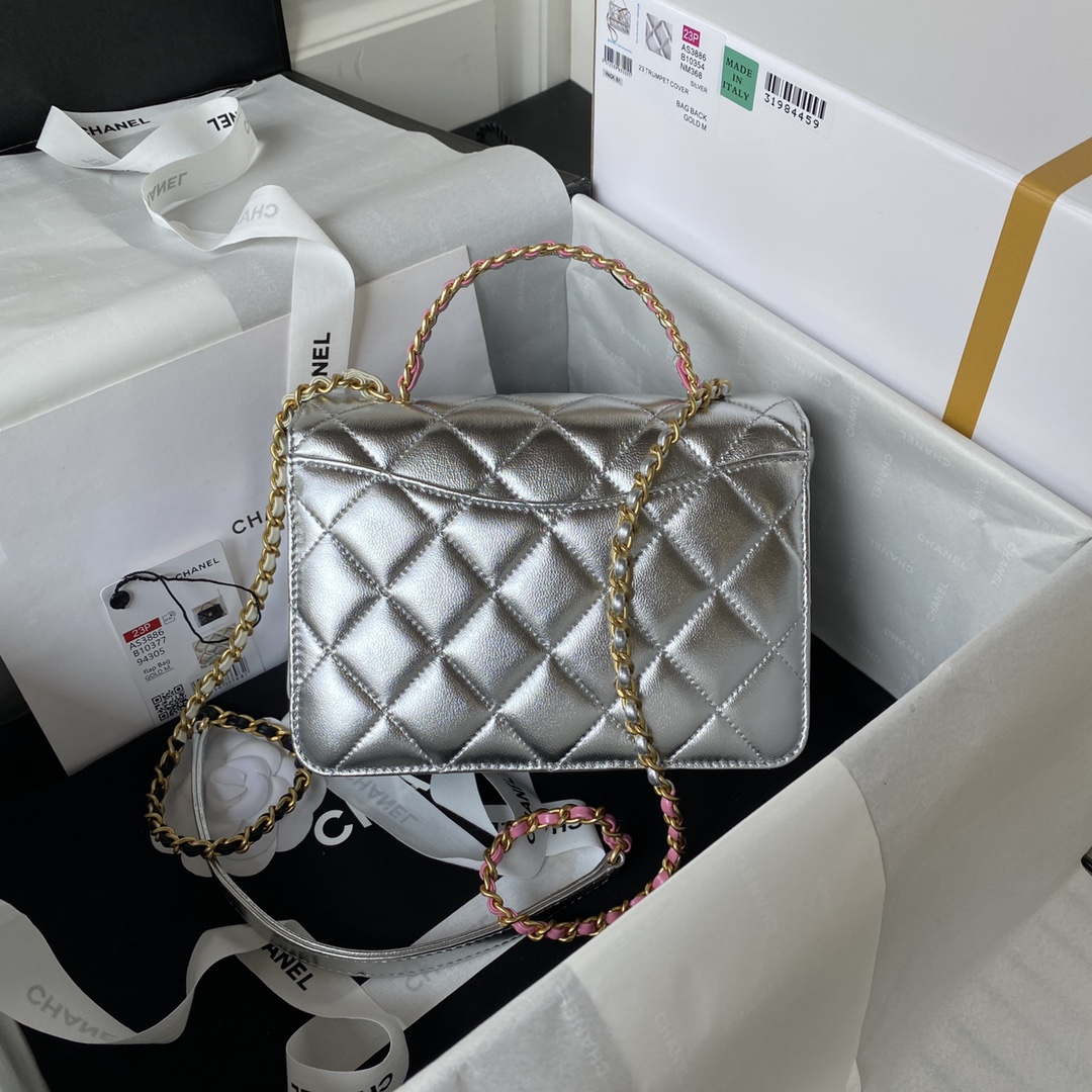 Chanel AS3886 Mini Flap Bag With Top Handle Shiny Silver Calfskin Gold