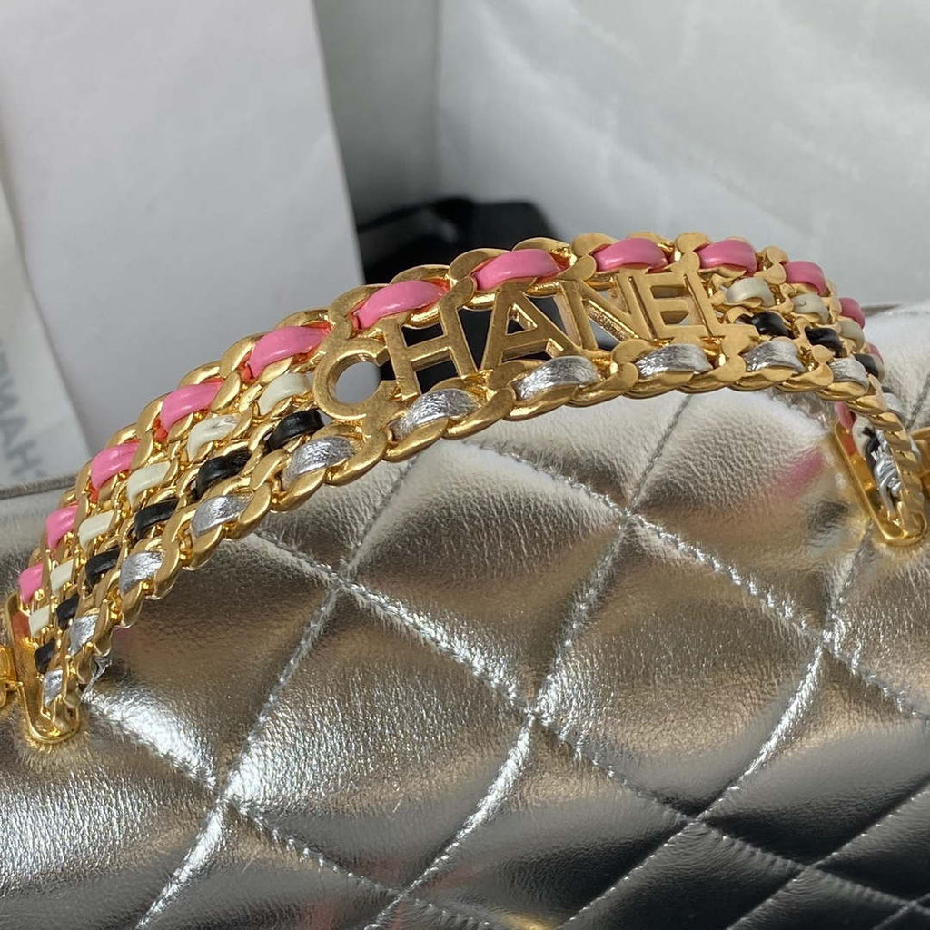 Chanel AS3886 Mini Flap Bag With Top Handle Shiny Silver Calfskin Gold