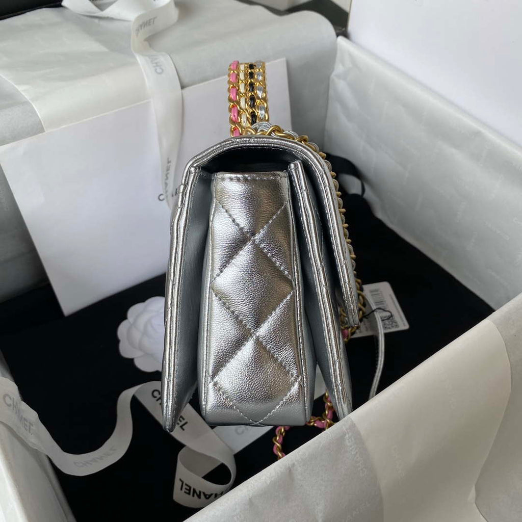 Chanel AS3886 Mini Flap Bag With Top Handle Shiny Silver Calfskin Gold