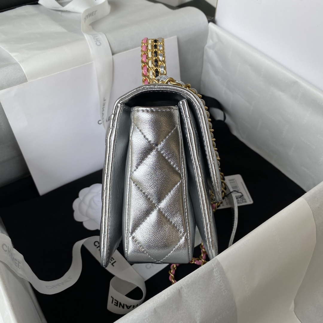 Chanel AS3886 Mini Flap Bag With Top Handle Shiny Silver Calfskin Gold