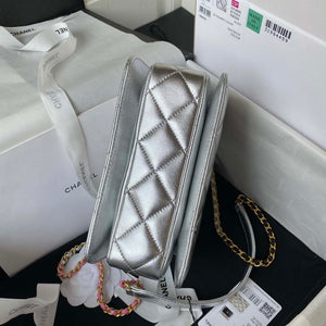Chanel AS3886 Mini Flap Bag With Top Handle Shiny Silver Calfskin Gold - Default Title - View 6