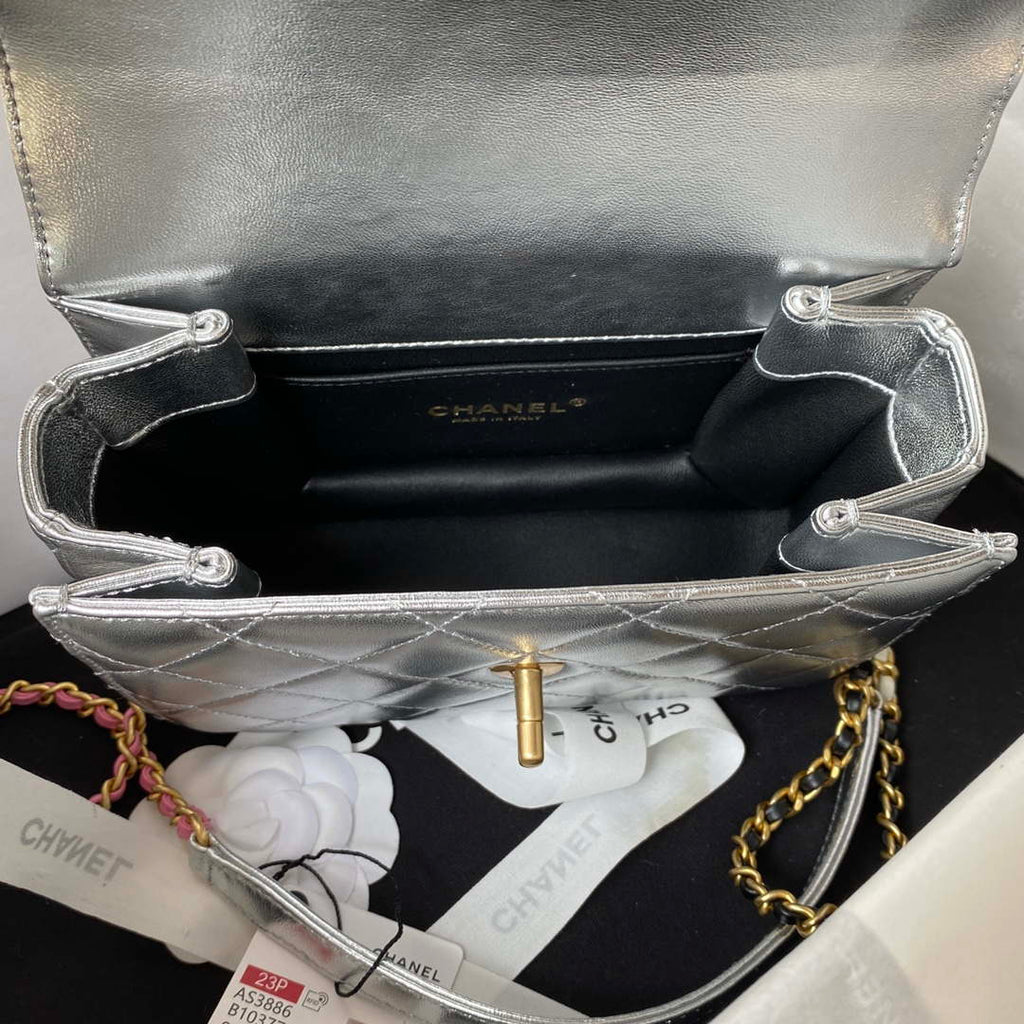 Chanel AS3886 Mini Flap Bag With Top Handle Shiny Silver Calfskin Gold