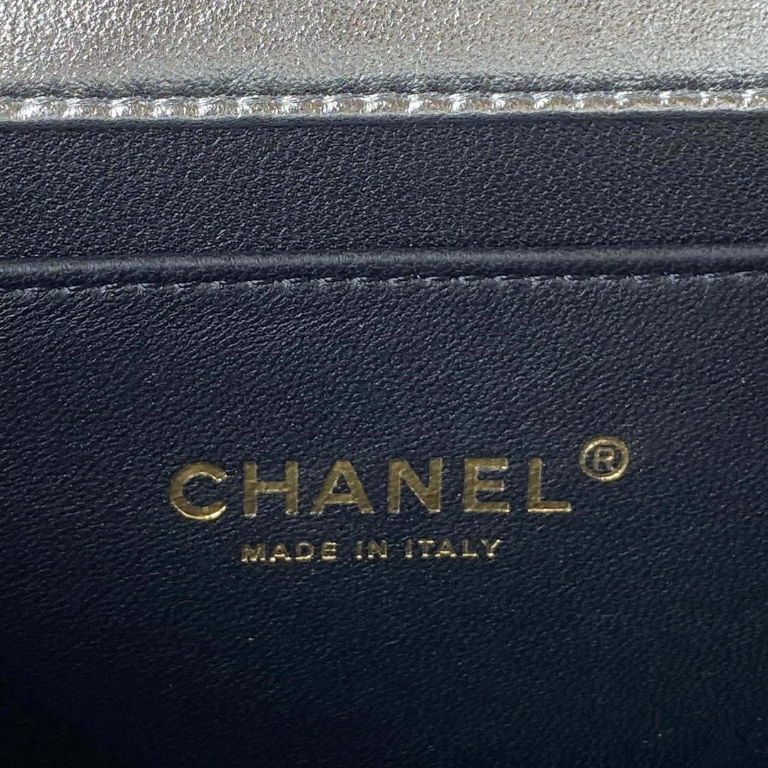 Chanel AS3886 Mini Flap Bag With Top Handle Shiny Silver Calfskin Gold
